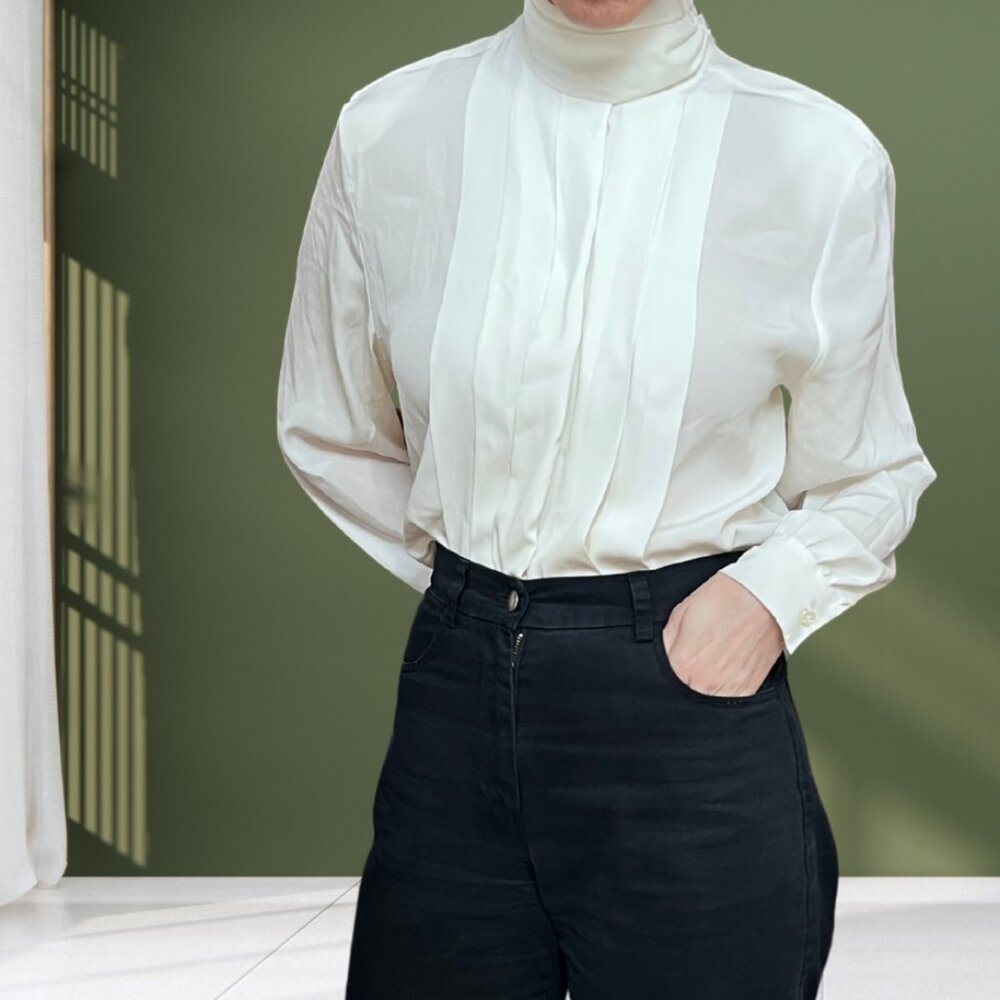 Vintage Cream Sheer Blouse High Neck Pintuck Front Long Sleeve